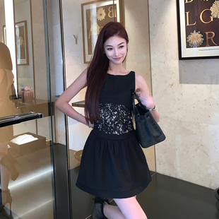 Boamarket 小香蕾丝黑色背心连衣裙女夏季镂空设计感收腰礼服裙