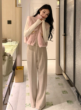 Boamarket 质感升级 lp燕麦色羊毛休闲裤女2024秋冬新款宽松裤子