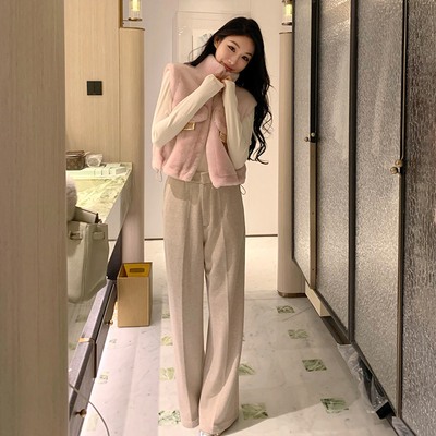 Boamarket 质感升级 lp燕麦色羊毛休闲裤女2024秋冬新款宽松裤子