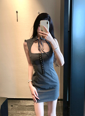 Boamarket vintage dg灰色连衣裙女夏新款立领设计蝴蝶结绑带裙子