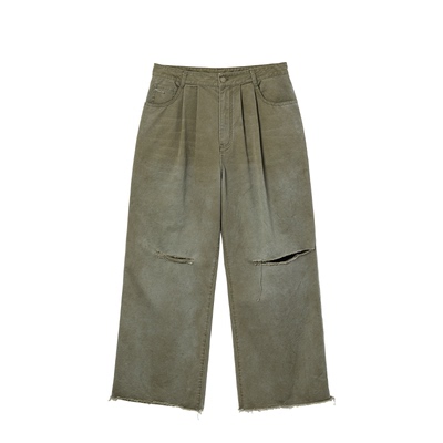 「草东」刀割斜纹直筒长裤