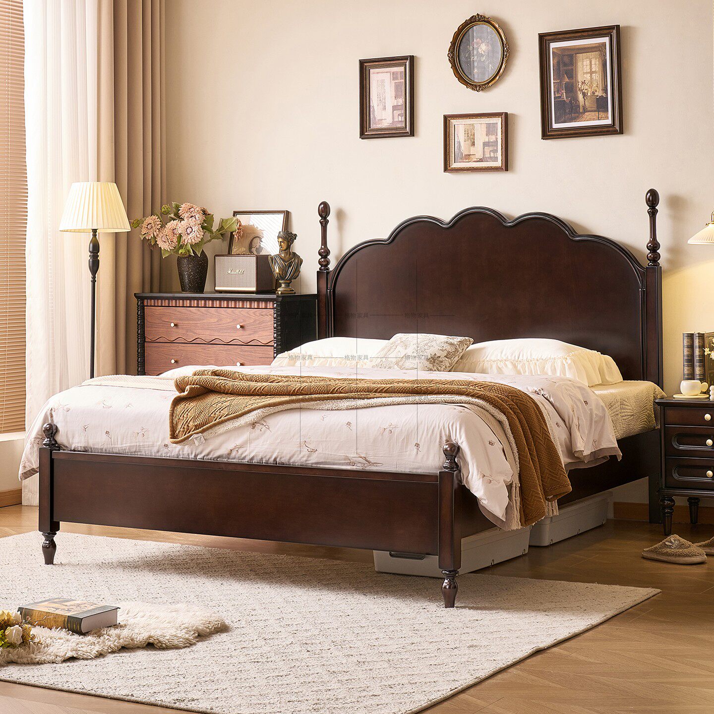 美式复古实木床双人法式大床1.8米樱桃木主卧黑色实木床中古风床