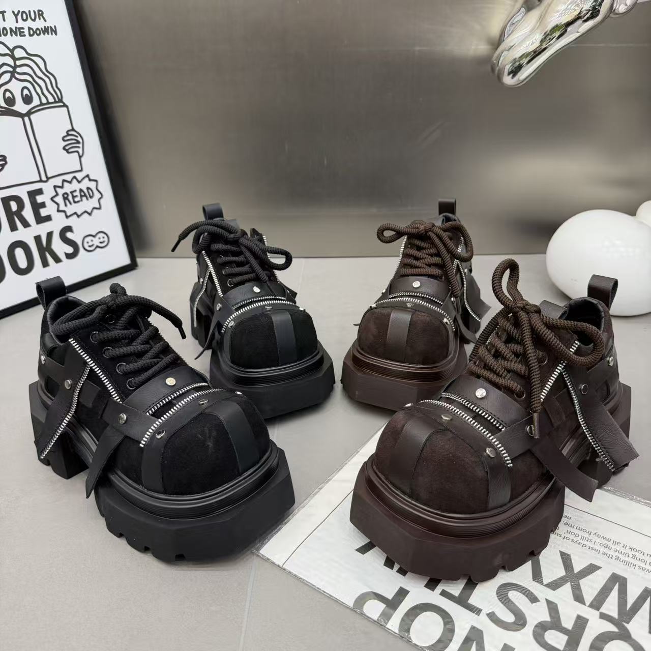 2025黑色厚底德比鞋增高个性