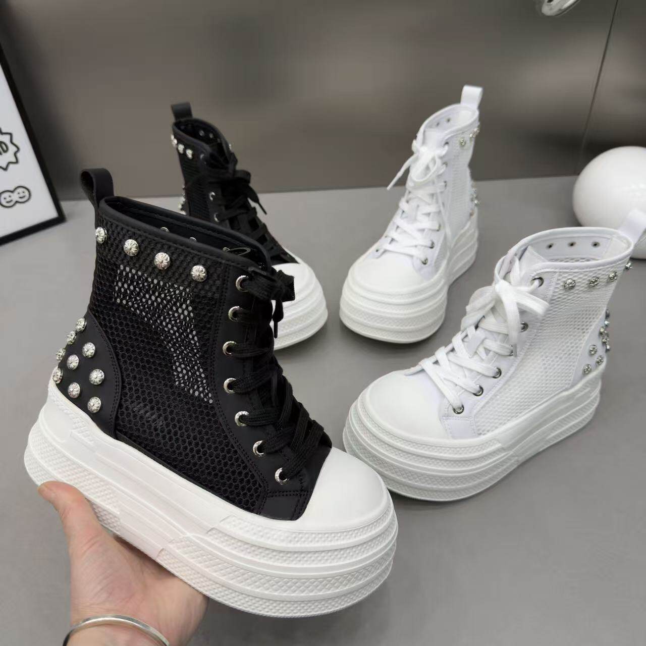 韩版网纱白色马丁靴女2025春夏新款网面透气厚底内增高女鞋860-2