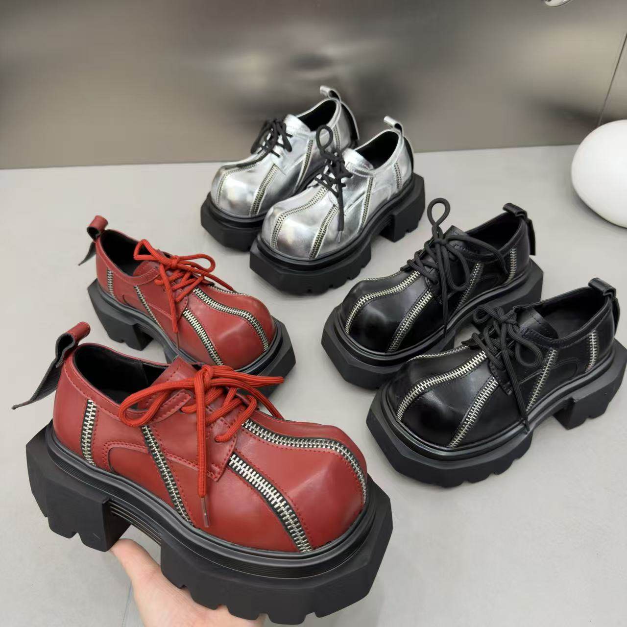 欧洲站2025早春新款时尚系带低帮鞋方头方跟厚底乐福鞋潮酷女鞋,女鞋,松糕（摇摇）鞋,淘宝优惠券,粉丝福利购,淘宝优惠卷