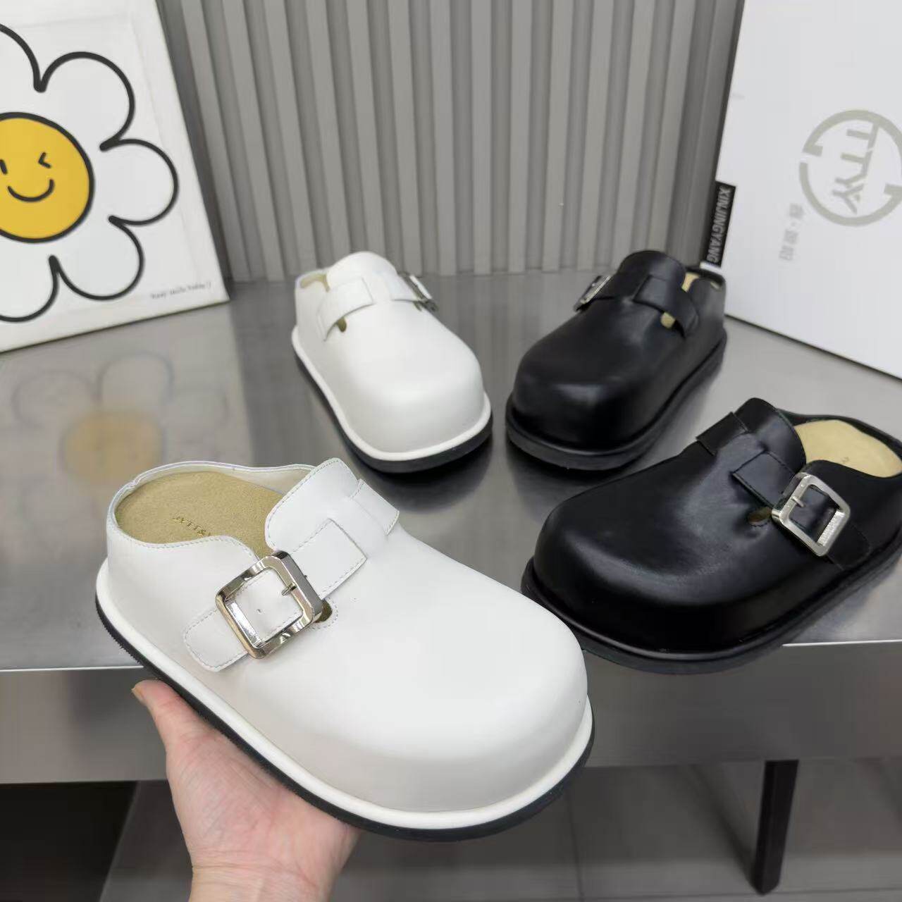 防水皮面勃肯鞋包头半拖鞋女外穿2026春夏季新款厚底凉拖鞋28-00