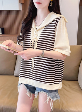 小个子条纹短袖t恤女夏韩版宽松大码女装海军领绑带百搭半袖上衣