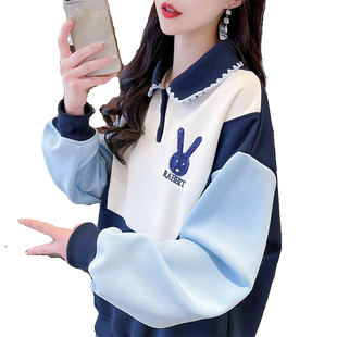 初秋撞色卫衣女春秋季2025新款宽松薄款小众设计感polo领上衣外套