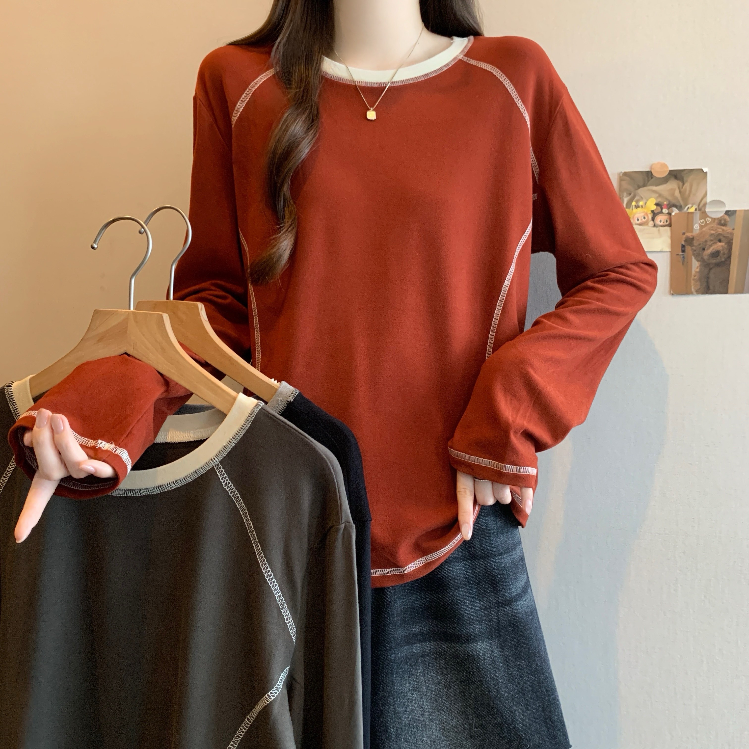 秋冬2025新款加厚保暖长袖t恤女