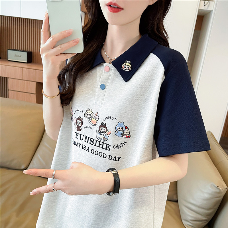 翻领polo衫短袖t恤女夏2026新款宽松大码小个子初中生撞色上衣