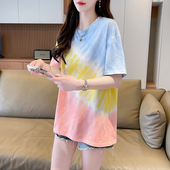 女装 韩版 短袖 2026新款 宽松小个子彩虹条纹百搭上衣 t恤女夏季 大码