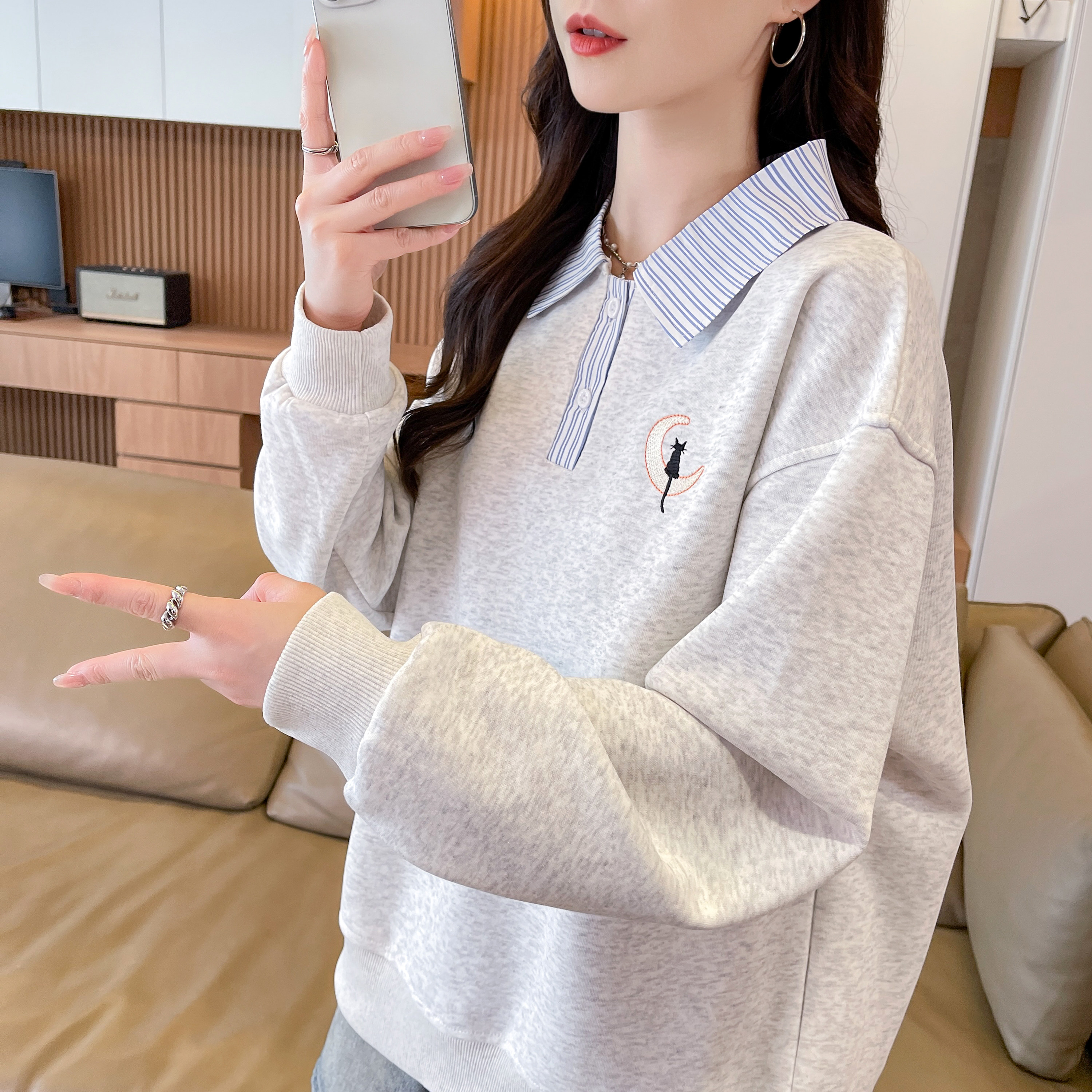 假两件polo衫卫衣女秋冬2026新款宽松加绒加厚初中生衬衫领外套潮