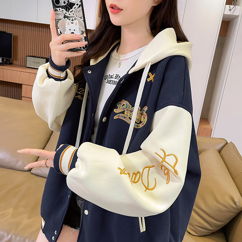 美式连帽棒球服外套女秋季2026新款宽松慵懒风初中生休闲开衫卫衣