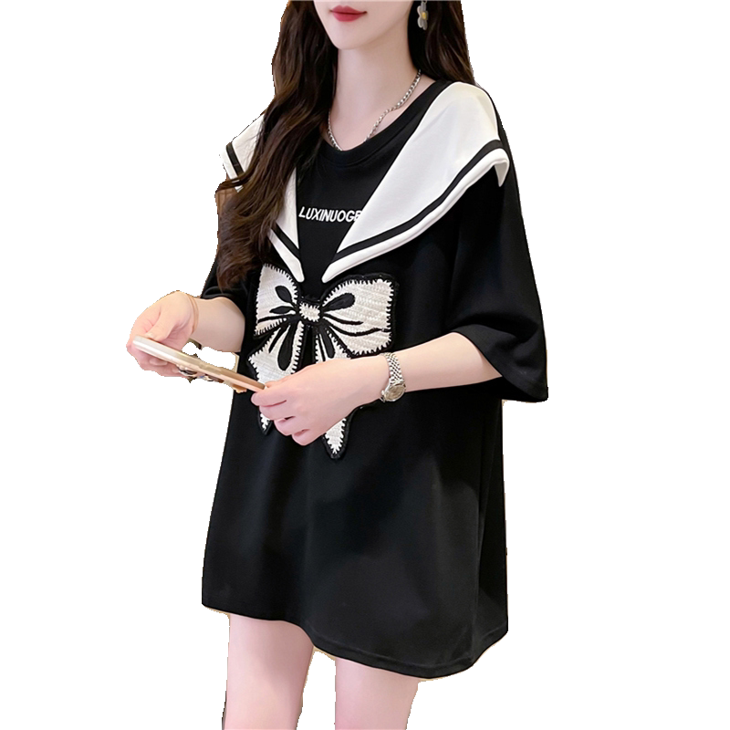 设计感小众短袖t恤女夏季韩版宽松大码女装中长款蝴蝶结半袖上衣