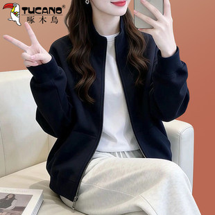 啄木鸟妈妈外套女款秋2026新款中年女装休闲时尚开衫立领拉链卫衣