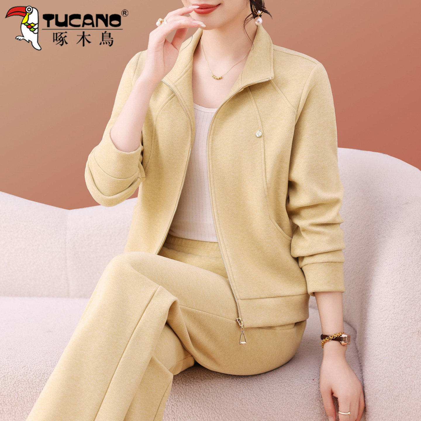 啄木鸟中年妈妈开衫运动套装女士春秋2026新款休闲时尚简约两件套