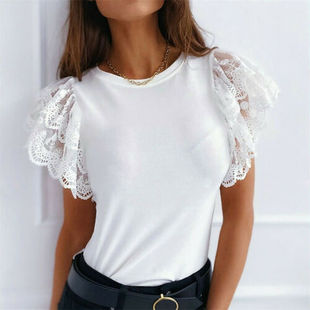Lace Short Butterfly Sleeve Crew Neck Shiny Top性感蕾丝上衣