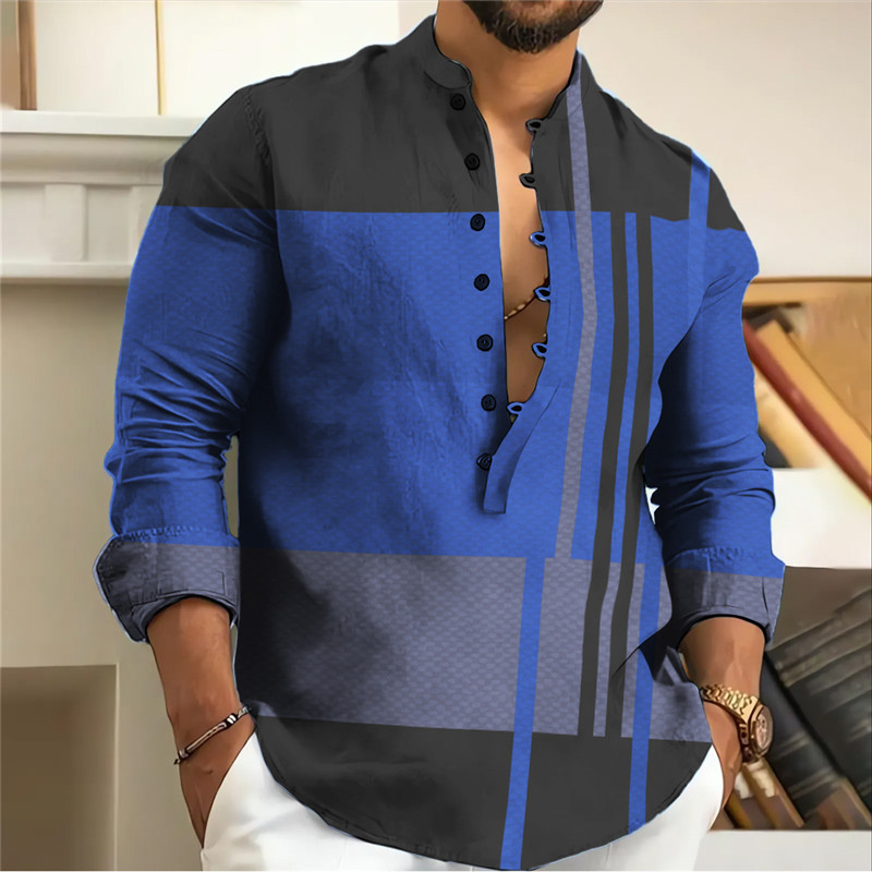 Long-sleeved button stand collar shirt男士立领休闲3D印花上衣