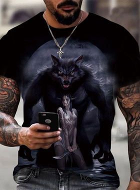 3Dprinted wolf head crew neck short sleeve3D打印狼头圆领短袖