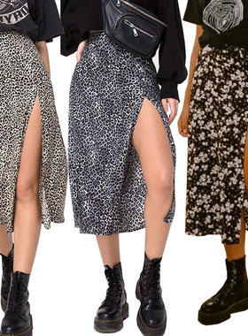 Printed High Waist Slit Pack Hip A-Line Skirt 印花高腰开衩裙