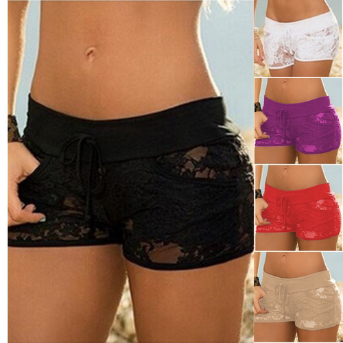 女士系绳蕾丝拼接短裤