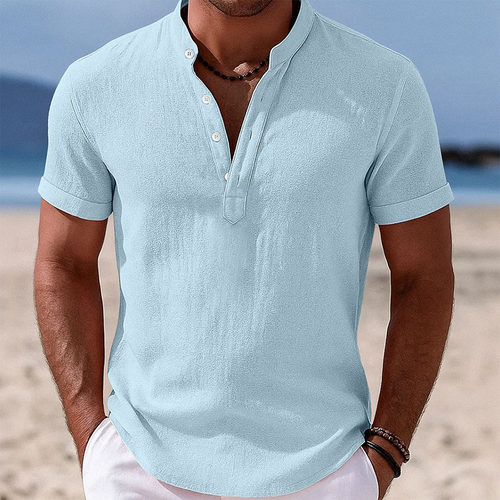 立领纽扣男士T恤上衣Stand up collar button men's T-shirt top