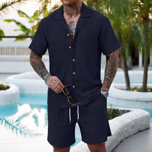 翻领短袖抽绳短裤套装Collar short sleeved drawstringshortsset