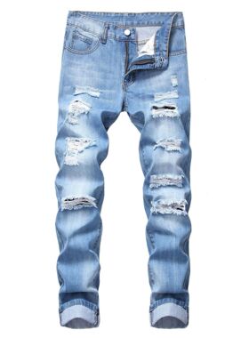Men's slim fit ripped straight leg pants男士修身破洞直筒裤