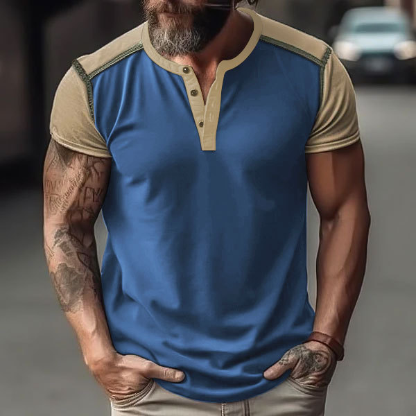 Casual short sleeved button up top 士休闲短袖纽扣拼接上衣