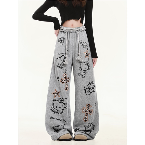 cuwu灰色kitty猫印花阔腿休闲裤女秋季慵懒风垂感直筒运动卫裤子