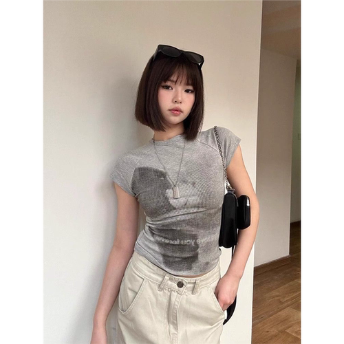 cuwu2025美式小熊印花修身短袖t恤女夏季短款插肩袖圆领辣妹上衣