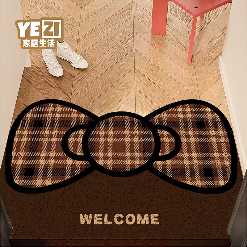 卡通格纹蝴蝶结入户门丝圈地垫