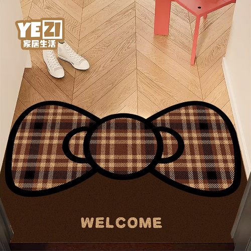 卡通格纹蝴蝶结入户门丝圈地垫