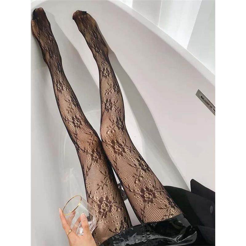 日系白色蕾丝网袜ins玫瑰花打底连裤袜覆古藤蔓花丝袜女黑丝薄款