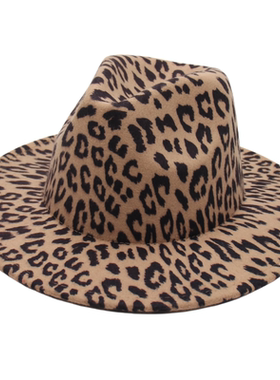 秋冬季毛呢帽子豹纹美式毡帽平檐毛呢爵士帽Ladies wool Felt Hat