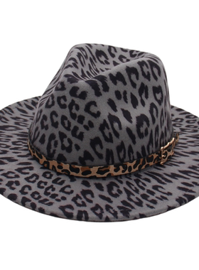 秋冬豹纹毡帽舞台表演美式礼帽毛呢宽檐优雅女爵士帽欧美带配饰潮