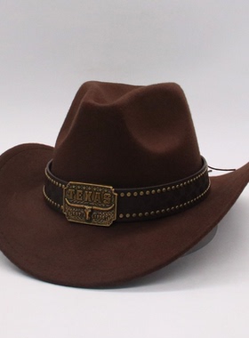 美国西部牛仔男帽黑色骑士帽男女 骑马帽马术帽子金属牛头标礼帽