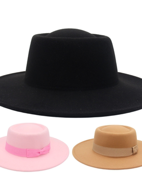 秋冬韩版法式羊绒帽百搭蝴蝶结圆顶凸顶大檐毛呢毡帽赫本风礼帽女