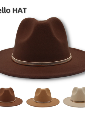 外贸费多拉帽英伦风男女士爵士礼帽金属配饰大帽檐毡帽fedora hat