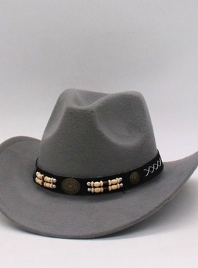新款西部牛仔帽黑色毛呢爵士礼帽男女士民族风秋冬毡帽大檐帽