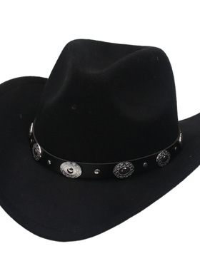 秋冬骑马西部牛仔帽男女舞台爵士毛呢帽春夏演出黑色翘边礼帽藏族