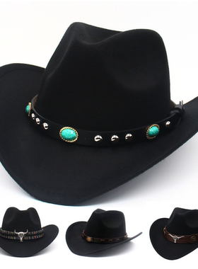 仿绿松石藏族礼帽男女西部牛仔帽草原毡帽复古爵士帽蒙古帽民族风