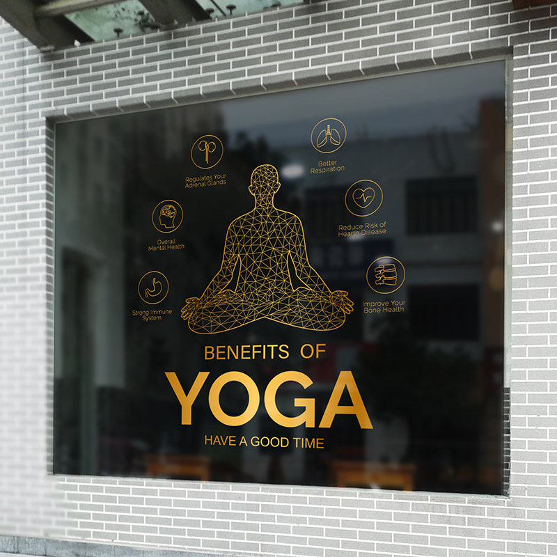 YOGA瑜伽会馆大厅美化装饰玻璃橱窗静电贴画打坐人物健身功效图标