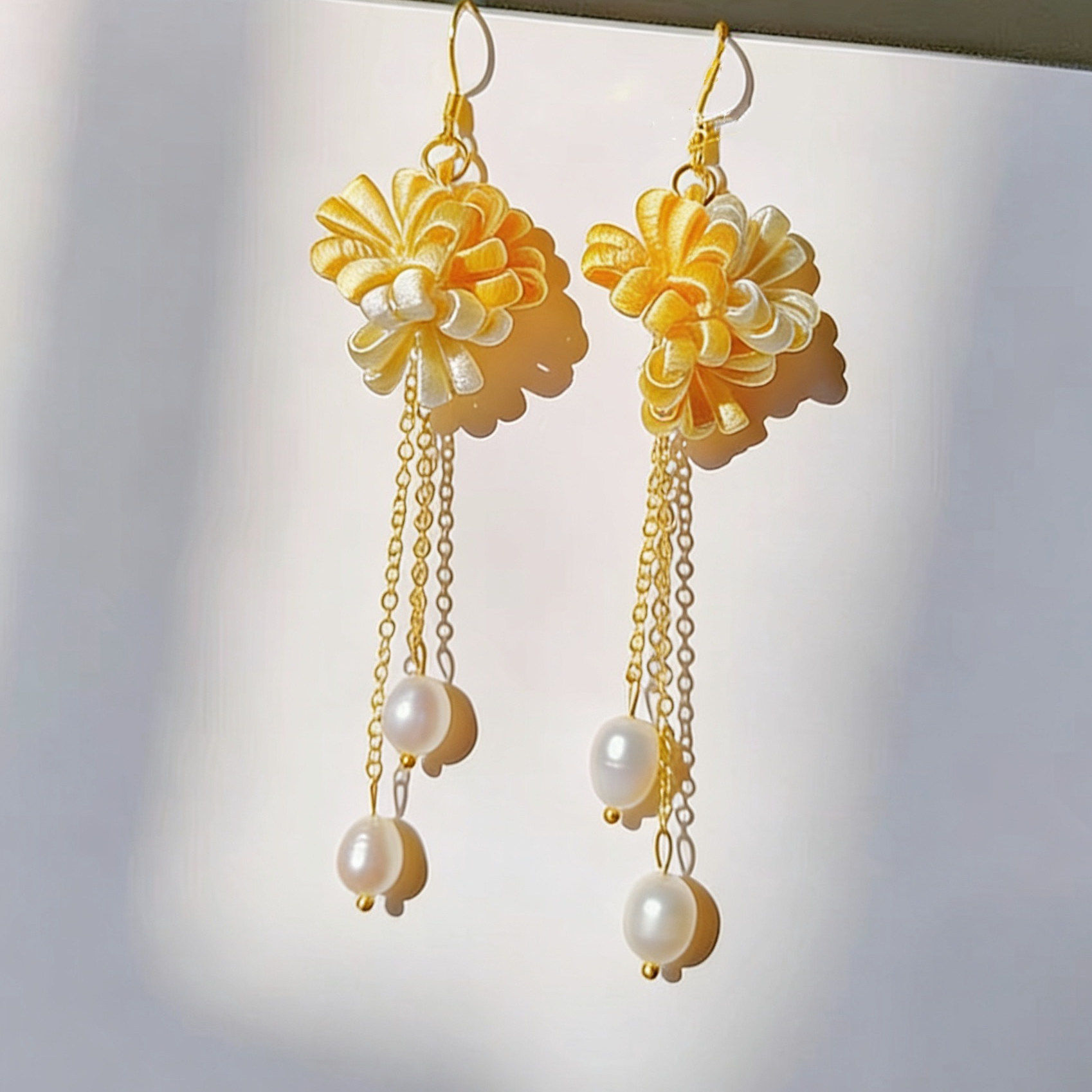 星绘道黄色桂花珍珠耳环女中国风花朵吊坠耳饰