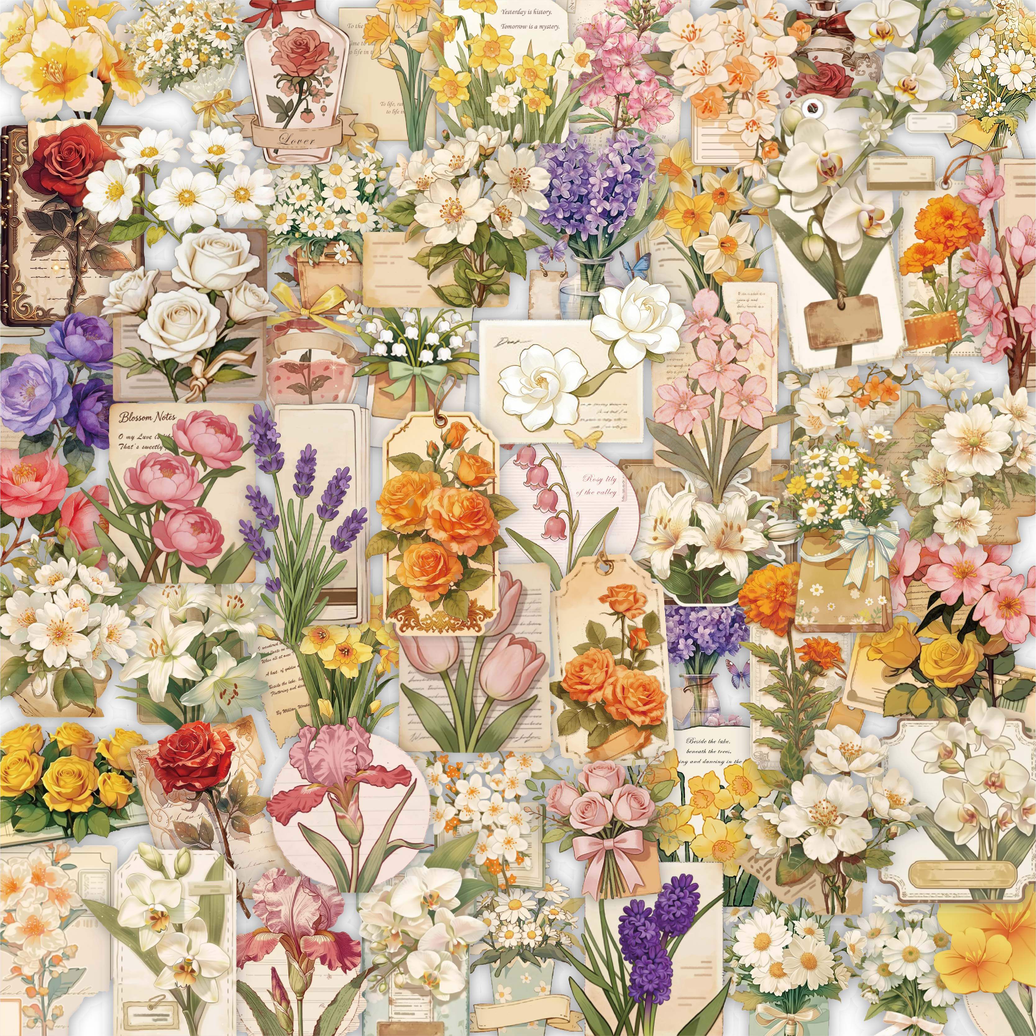 62张PET花卉贴纸ins风文艺精美插画手账装饰防水贴画自粘不留胶
