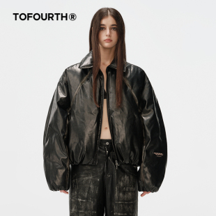 翻领PU皮绣花擦色保暖棉服外套男女同款 新款 门店同款 TOFOURTH