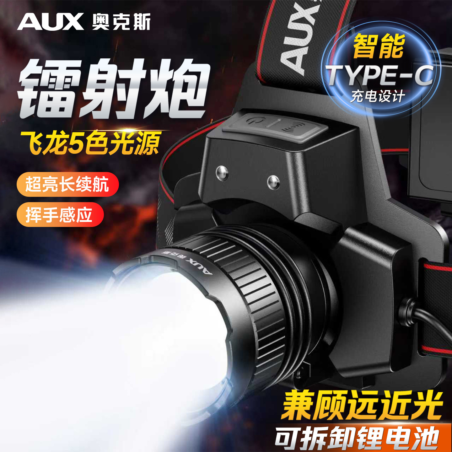 奥克斯头灯2026新款强光超亮头戴式照明长续航充电变焦户外夜钓鱼