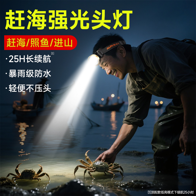 奥克斯赶海专用头灯防水超亮