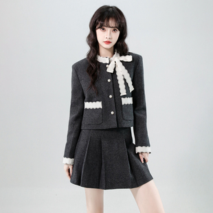 韩系小香风短款毛呢夹棉外套女秋冬新款气质高级感百褶裙两件套装