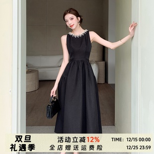 法式 赫本风高级感黑色背心裙女气质收腰显瘦高腰晚礼服钉珠连衣裙